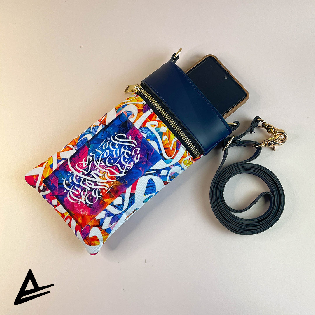 Arabic calligraphy crossbody mobile pouch in multicolor abstract style – Artrustick