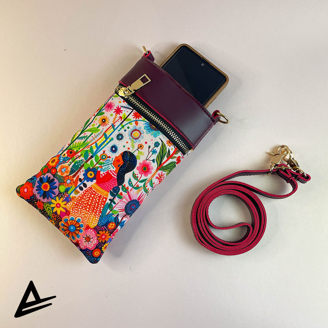 Artistic Garden mobile pouch with folk woman and colorful flower garden design – Artrustick