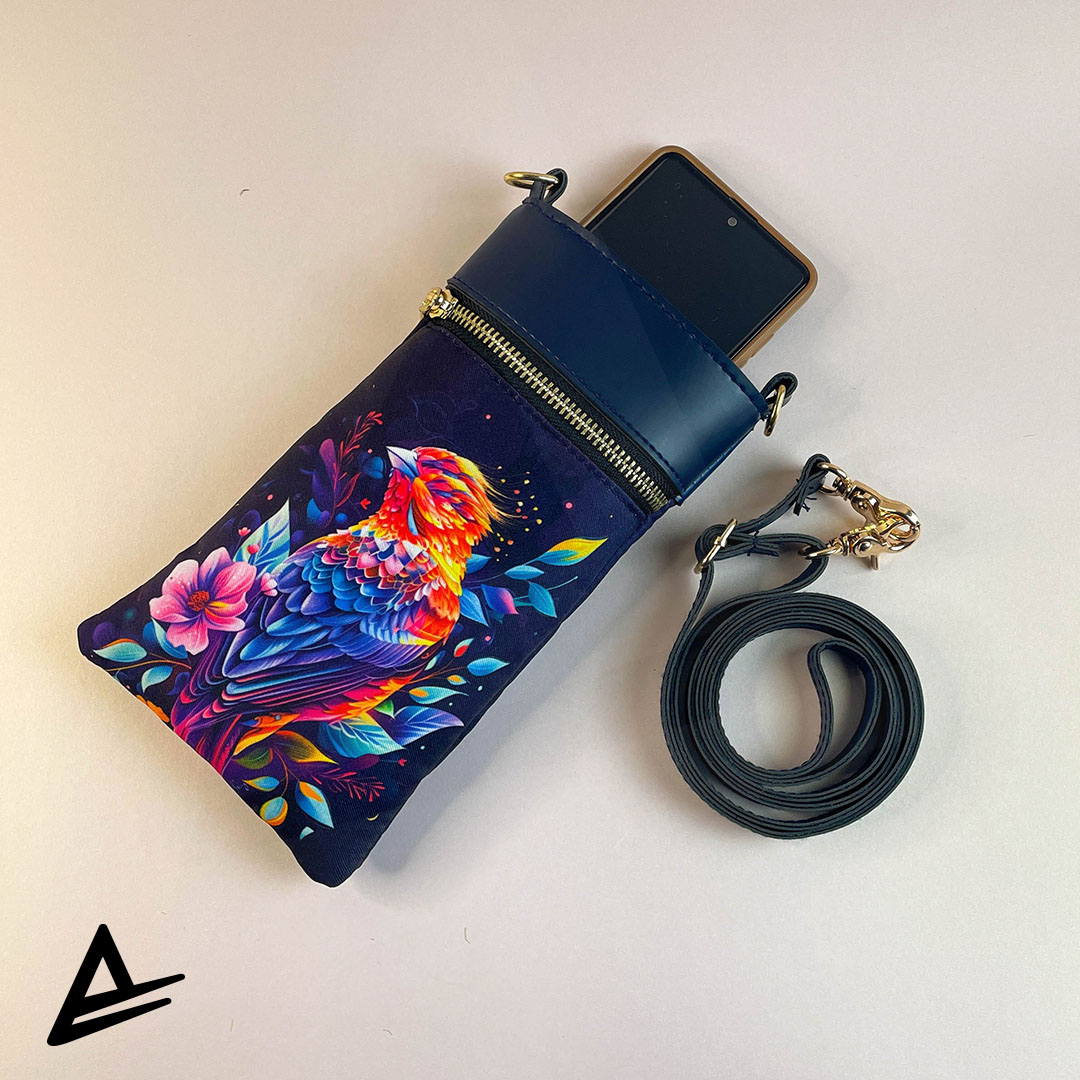 Birdie Charm mobile pouch with colorful bird and floral artwork on dark background – Artrustick