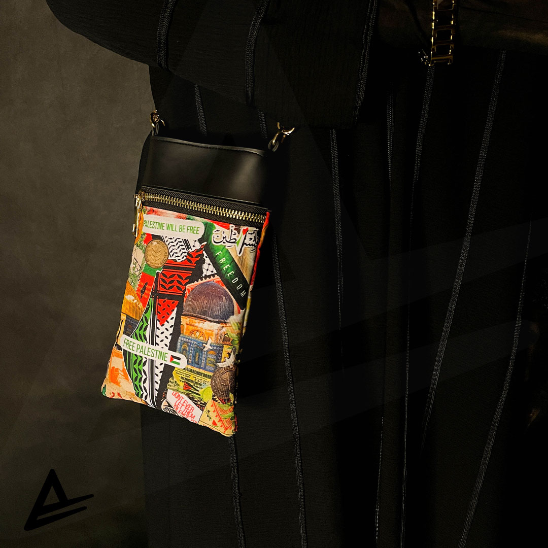Palestine Legacy crossbody pouch featuring map, kufiya, Dome of the Rock, olives, and currency – Artrustick