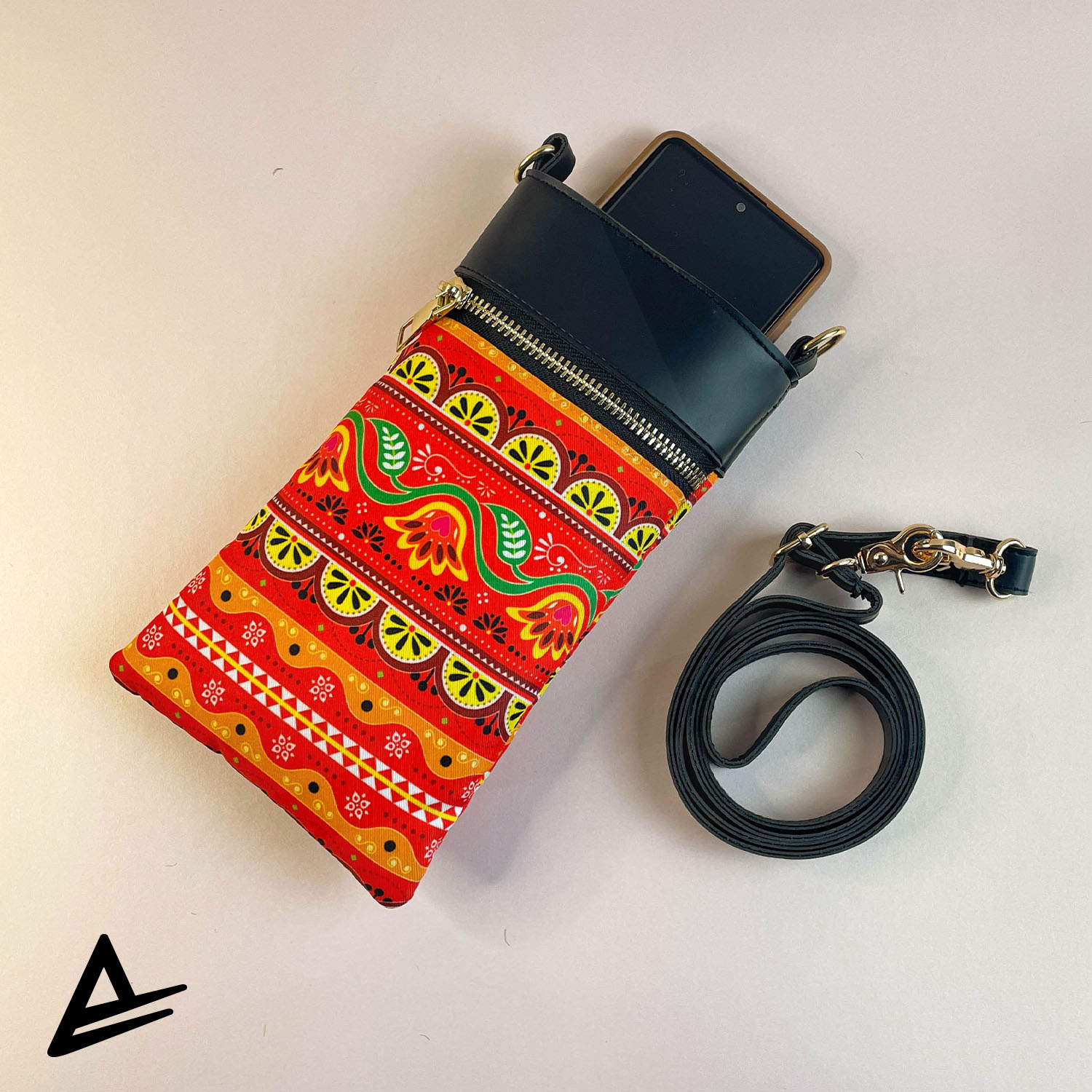 Truck Art crossbody mobile pouch with Pakistani folk pattern in red and yellow – Artrustick
